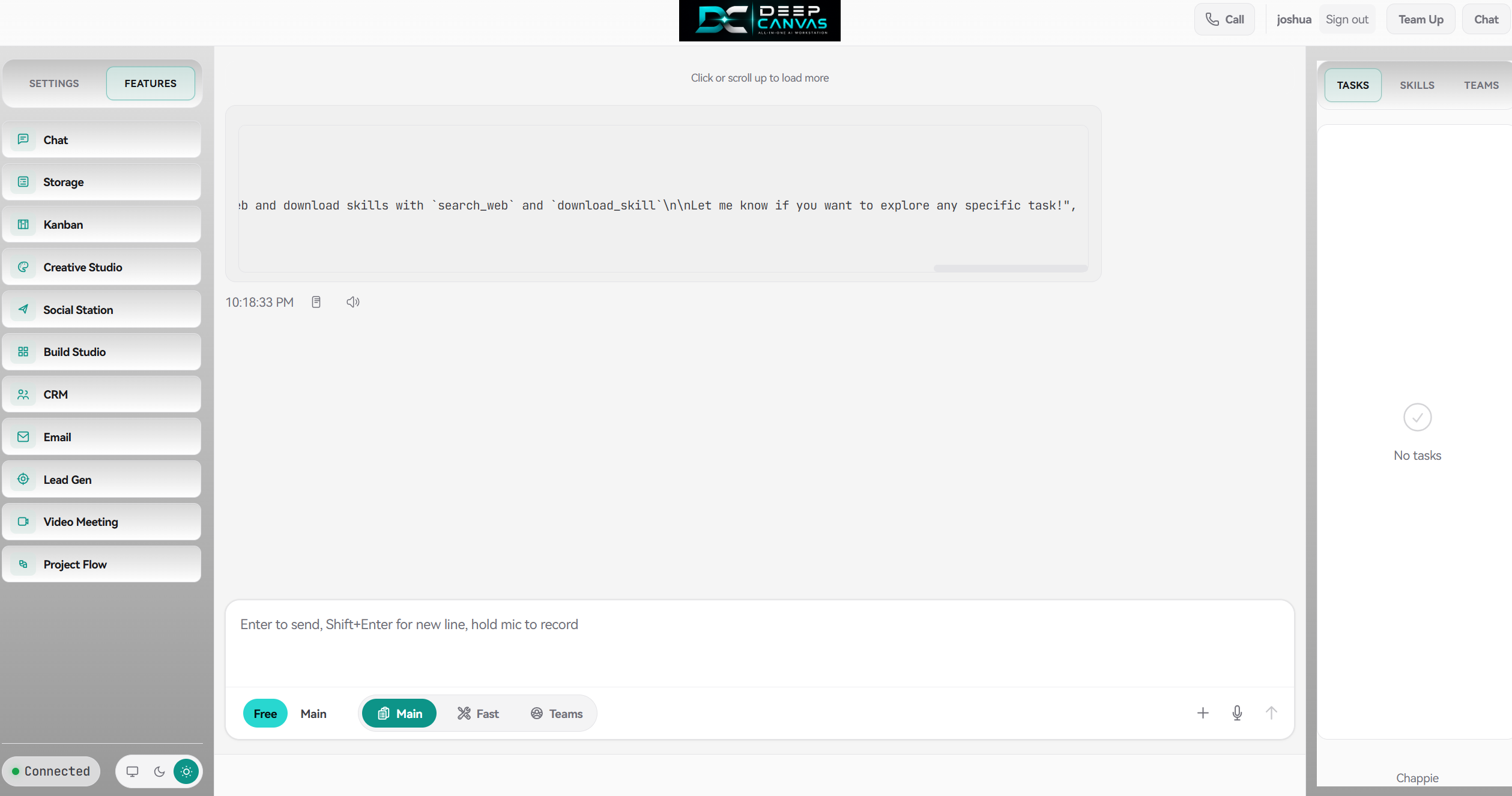 Deep Canvas agent operating the platform in light mode